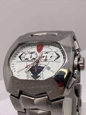 Tonino Lamborghini Mens Rare Silver Tone Chronograph Watch Works New Battery